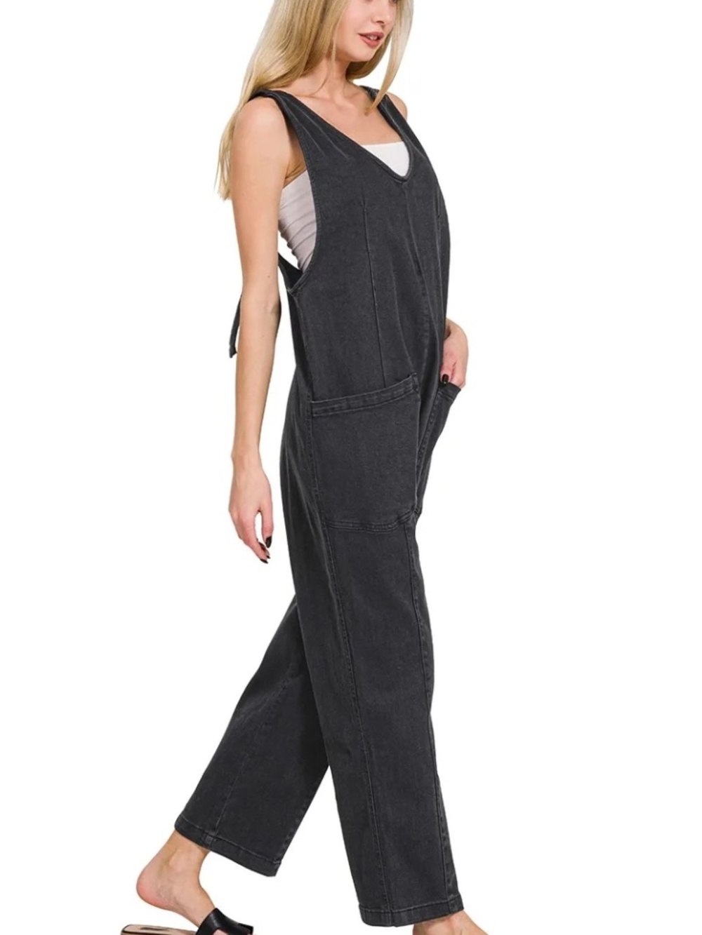 New Zenana Casual Adjustable Strap Baggy Jumpsuit Black Relaxed Fit Adjustable - Picture 3 of 8